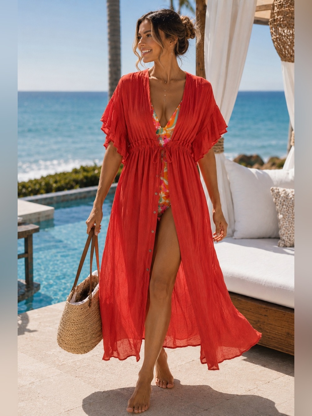 NWT Charlie Charlie Charlotte Vibrant Red Rust Boho Maxi Dress Resort Pool, XL